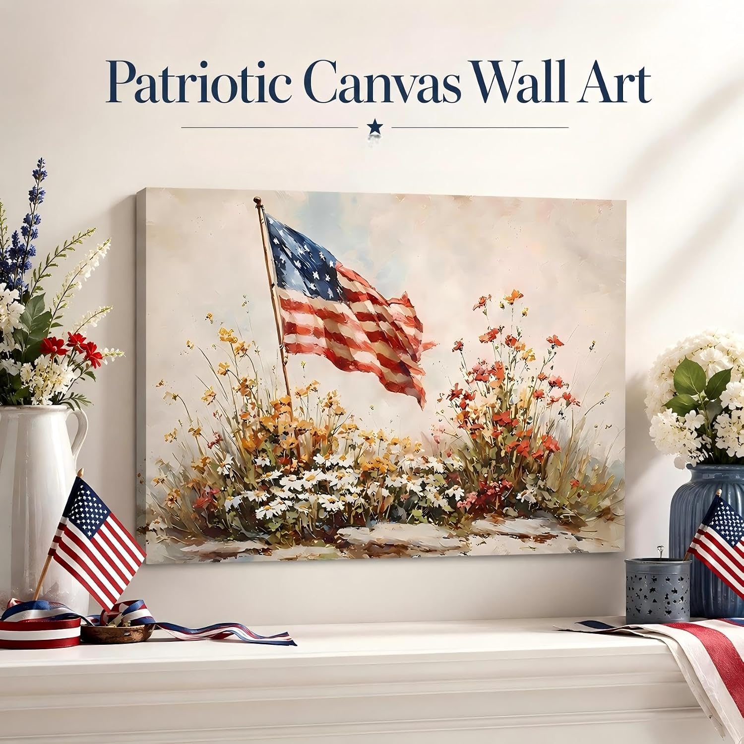 RIBNTAK 4th of July American Flag Canvas Wall Art - Framed Patriotic Print 8x12in