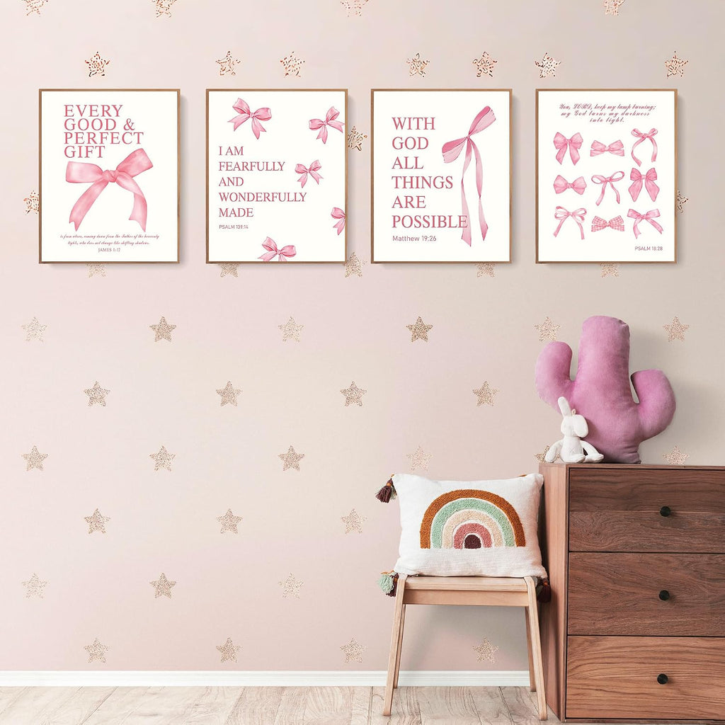 LARTSFRO Pink Bow Christian Wall Art Set - 8x10 Inch Unframed Prints for Girls Room Decor