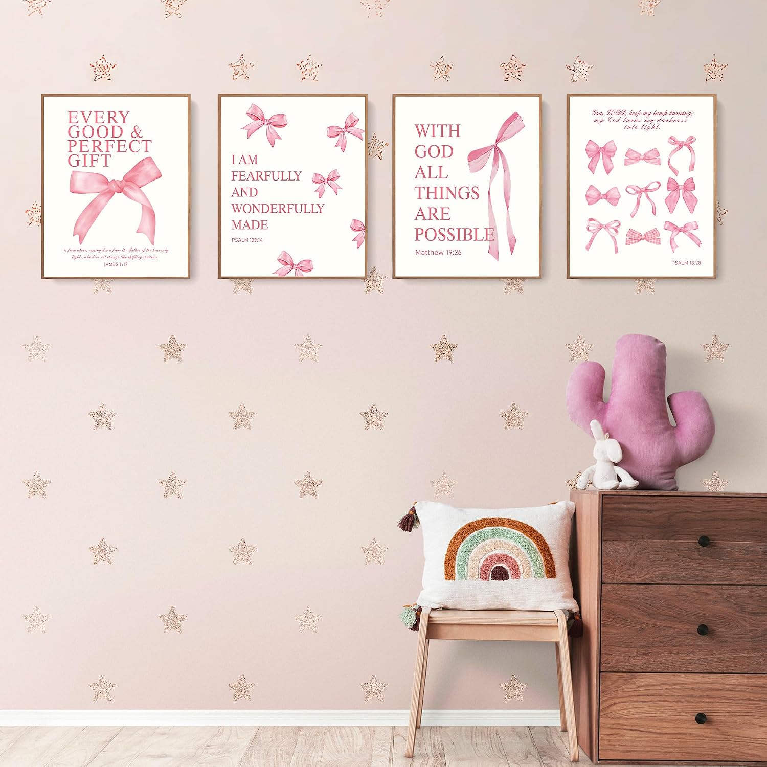 LARTSFRO Pink Bow Christian Wall Art Set - 8x10 Inch Unframed Prints for Girls Room Decor
