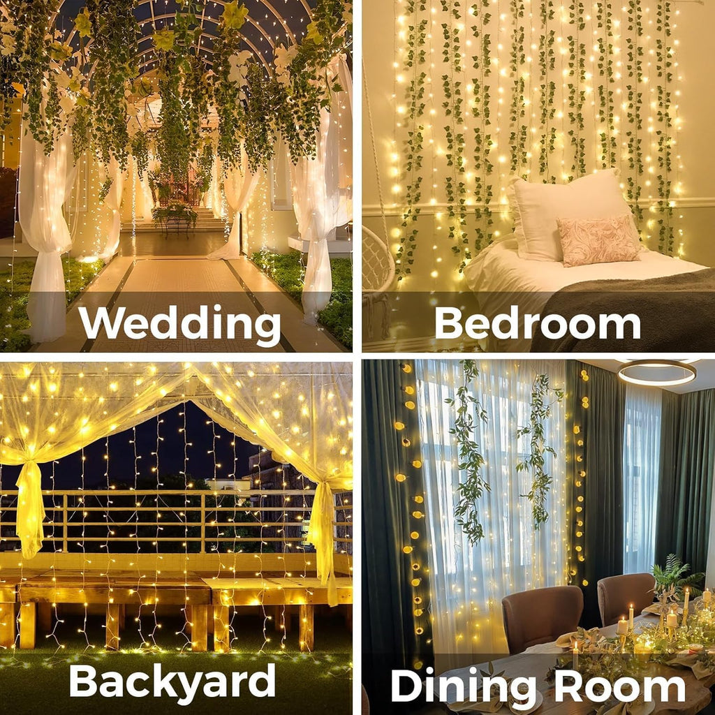 Suddus 200 LED Warm White Indoor/Outdoor Curtain Lights - Fairy String Lights for Bedroom, Christmas Decor