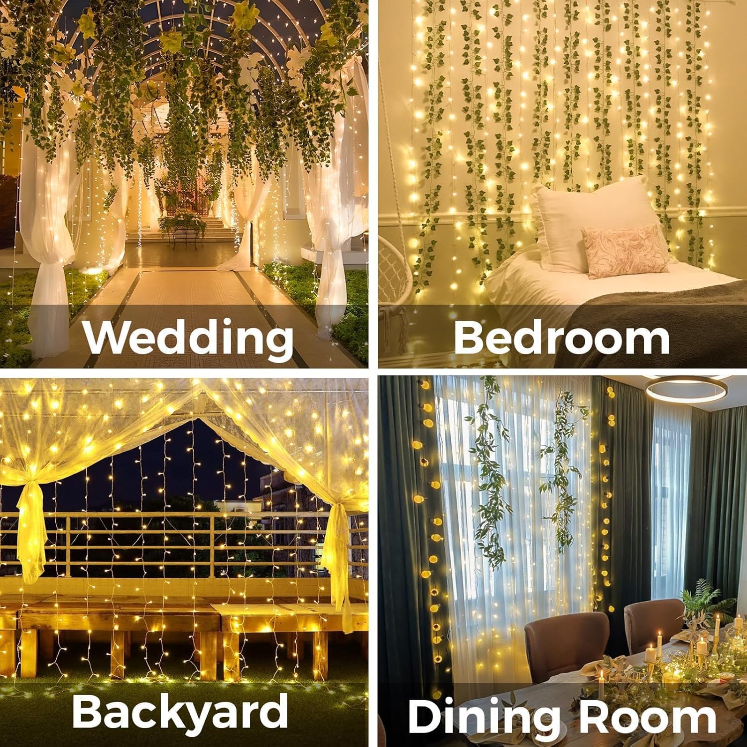 Suddus 200 LED Warm White Indoor/Outdoor Curtain Lights - Fairy String Lights for Bedroom, Christmas Decor