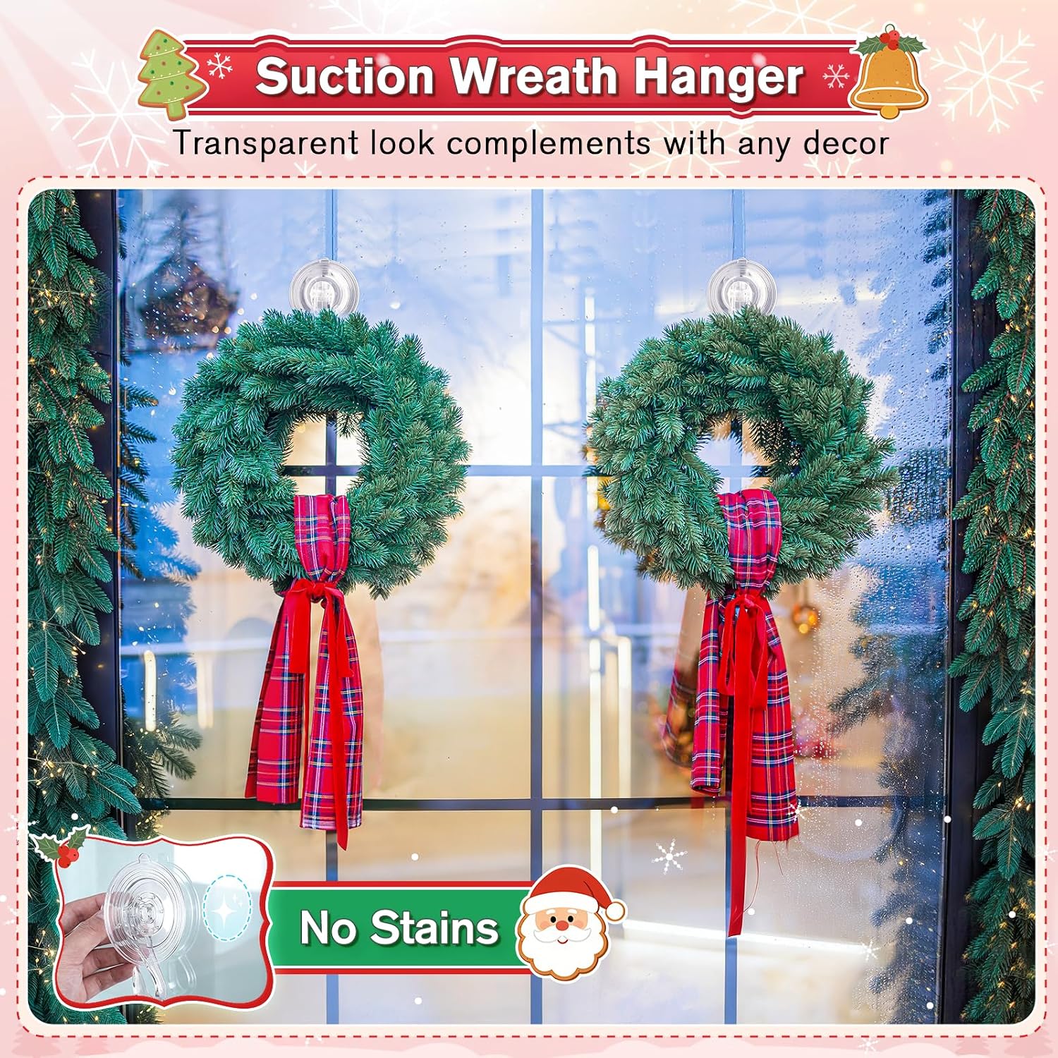 VIS'V Heavy Duty Wreath Hanger - 22 LB Capacity, Clear, 2 Pack for Windows & Doors