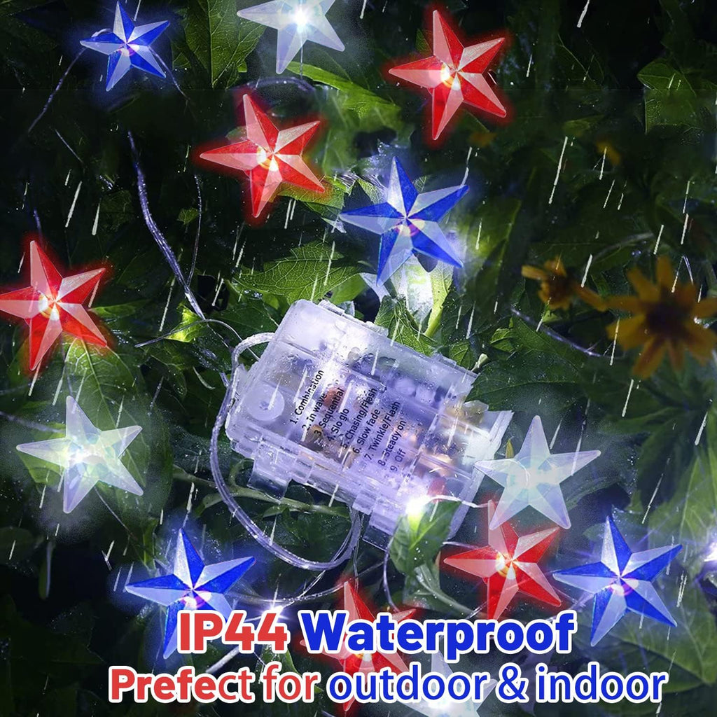 Ineximun 4th of July Patriotic String Lights - Red White Blue Battery Operated 16ft 50LED with Timer & Remote