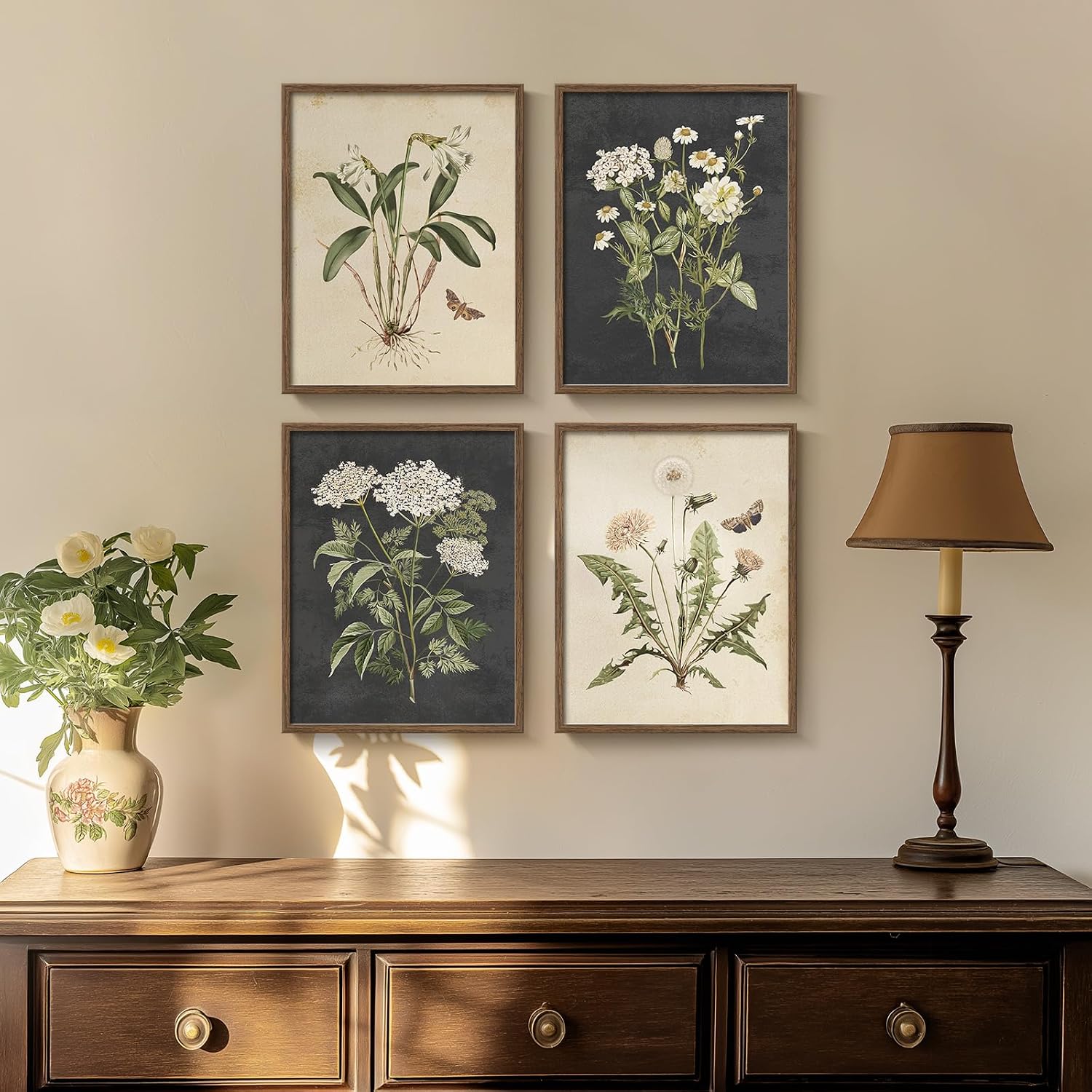 Cuspin 4-Piece Vintage Framed Floral Botanical Wall Art Prints, 8x10 Inch for Home Decor