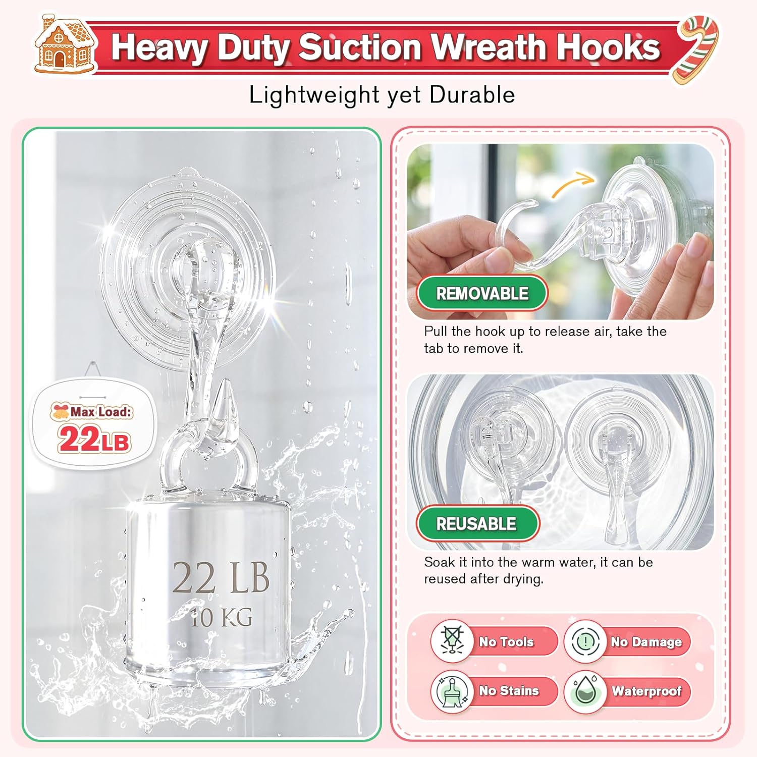 VIS'V Heavy Duty Wreath Hanger - 22 LB Capacity, Clear, 2 Pack for Windows & Doors