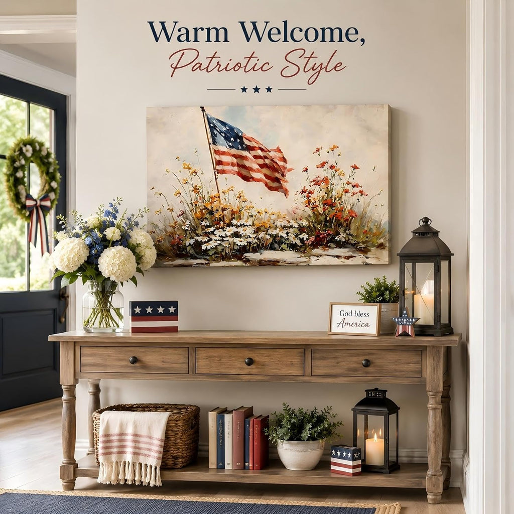 RIBNTAK 4th of July American Flag Canvas Wall Art - Framed Patriotic Print 8x12in