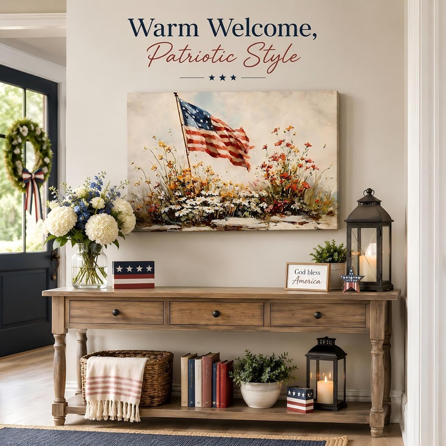 RIBNTAK 4th of July American Flag Canvas Wall Art - Framed Patriotic Print 8x12in