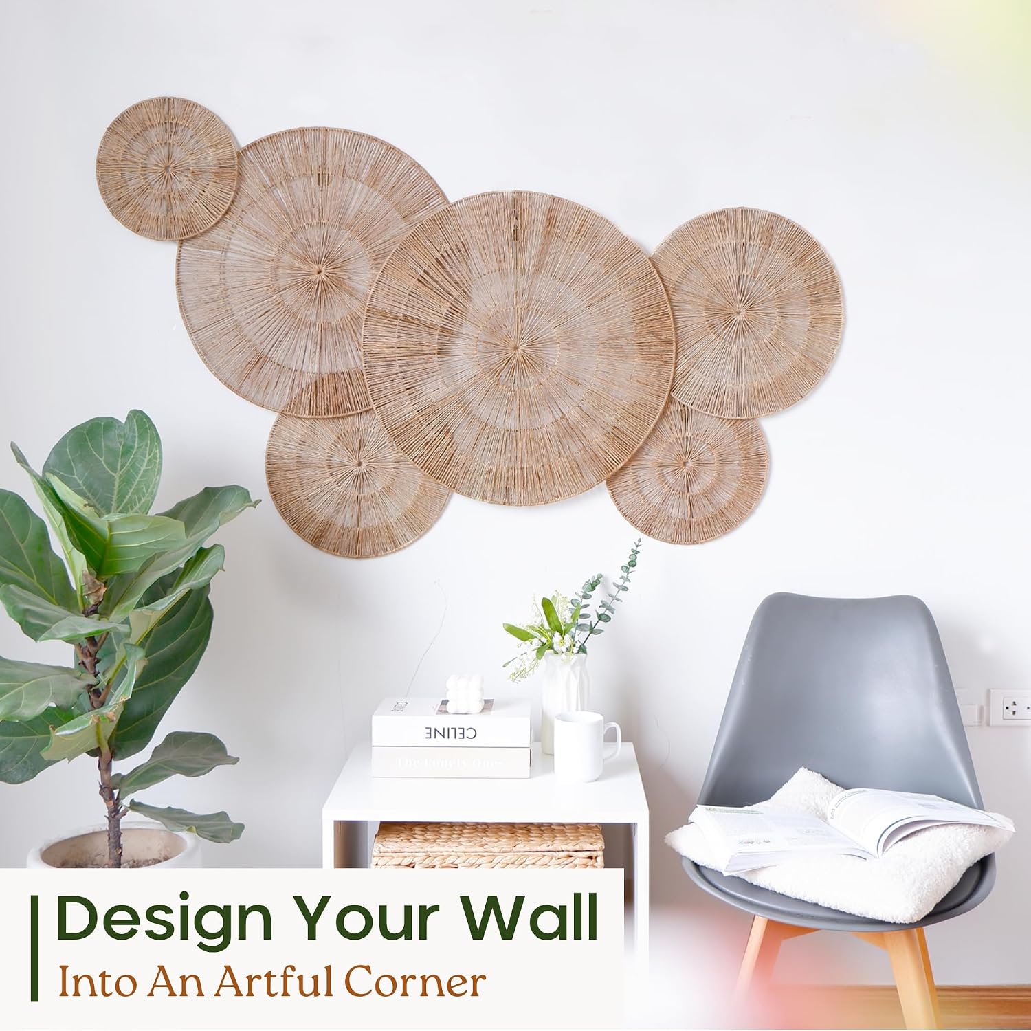 Chi An Home Boho Jute Wall Decor Baskets Set of 6 for Living Room Bedroom