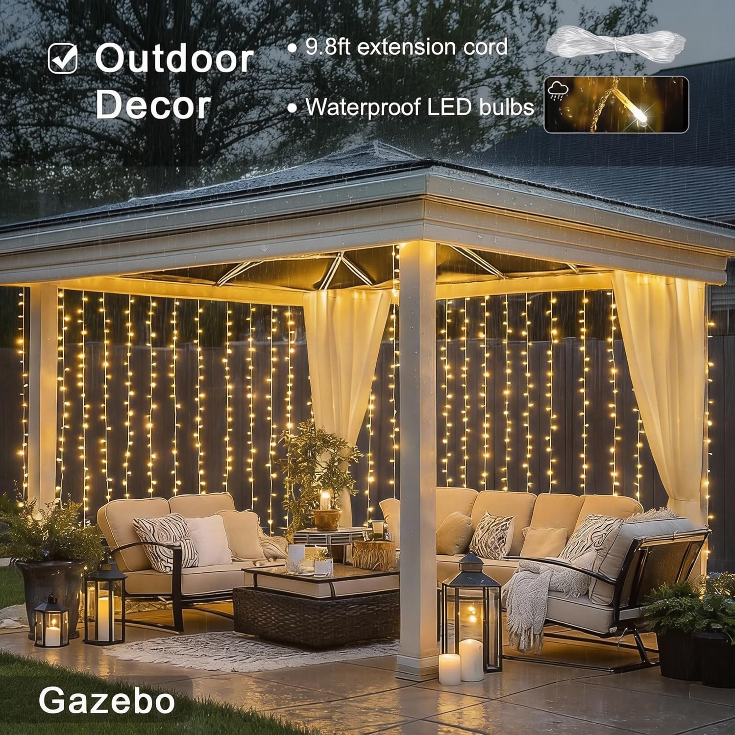 JMEXSUSS 300 LED Remote Control Indoor Outdoor Curtain Lights - Warm White
