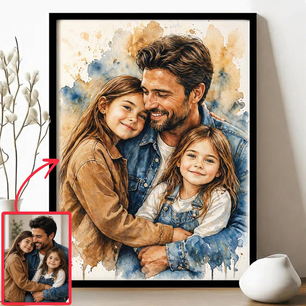 Noni Personalized Family Portrait Canvas Wall Art - Custom Watercolor Photo Gift for Dad, Grandpa