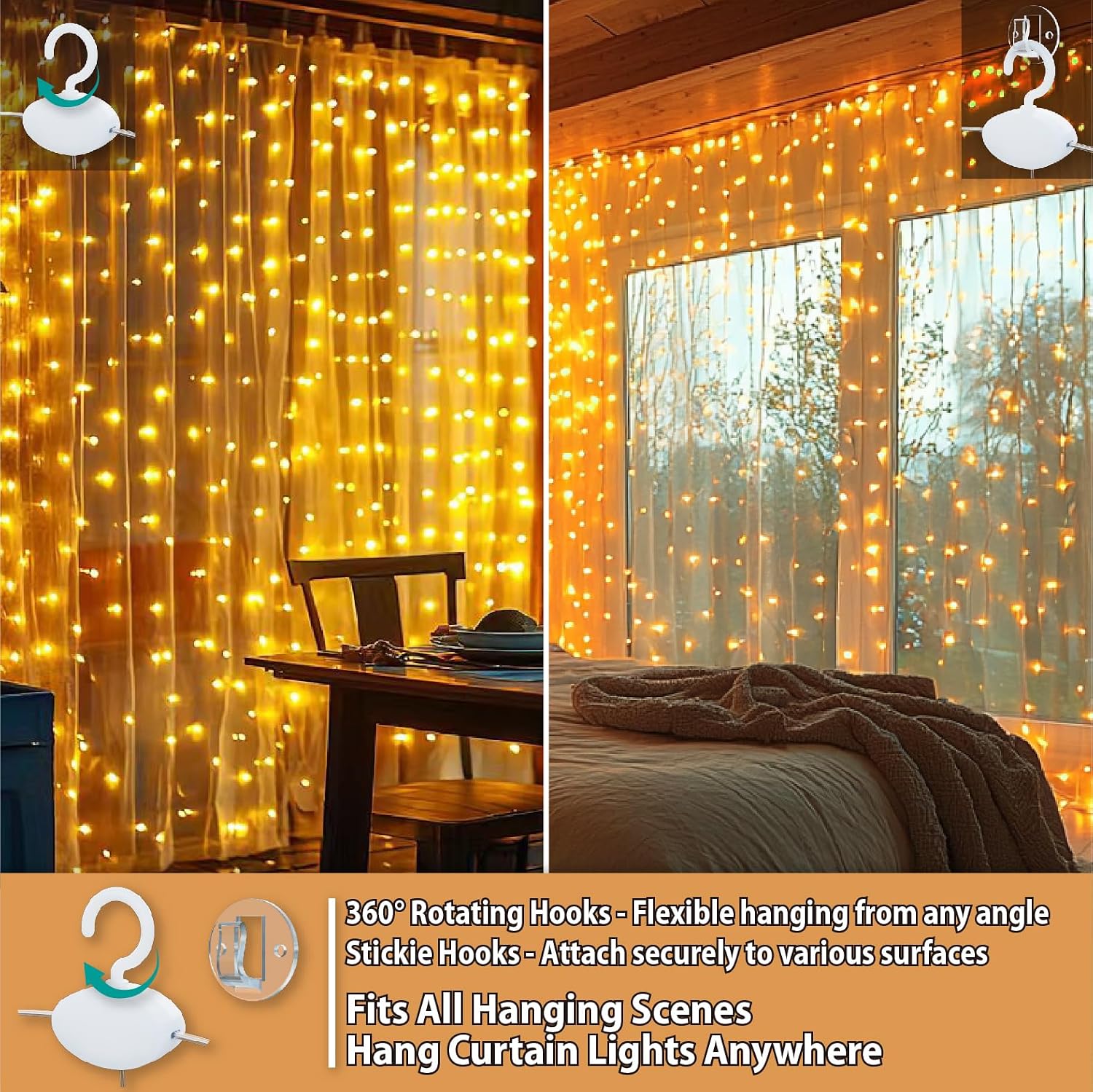 HXWEIYE 300 LED USB Fairy Curtain Lights - 9.8x9.8ft 8 Modes Remote for Bedroom Wedding Decor