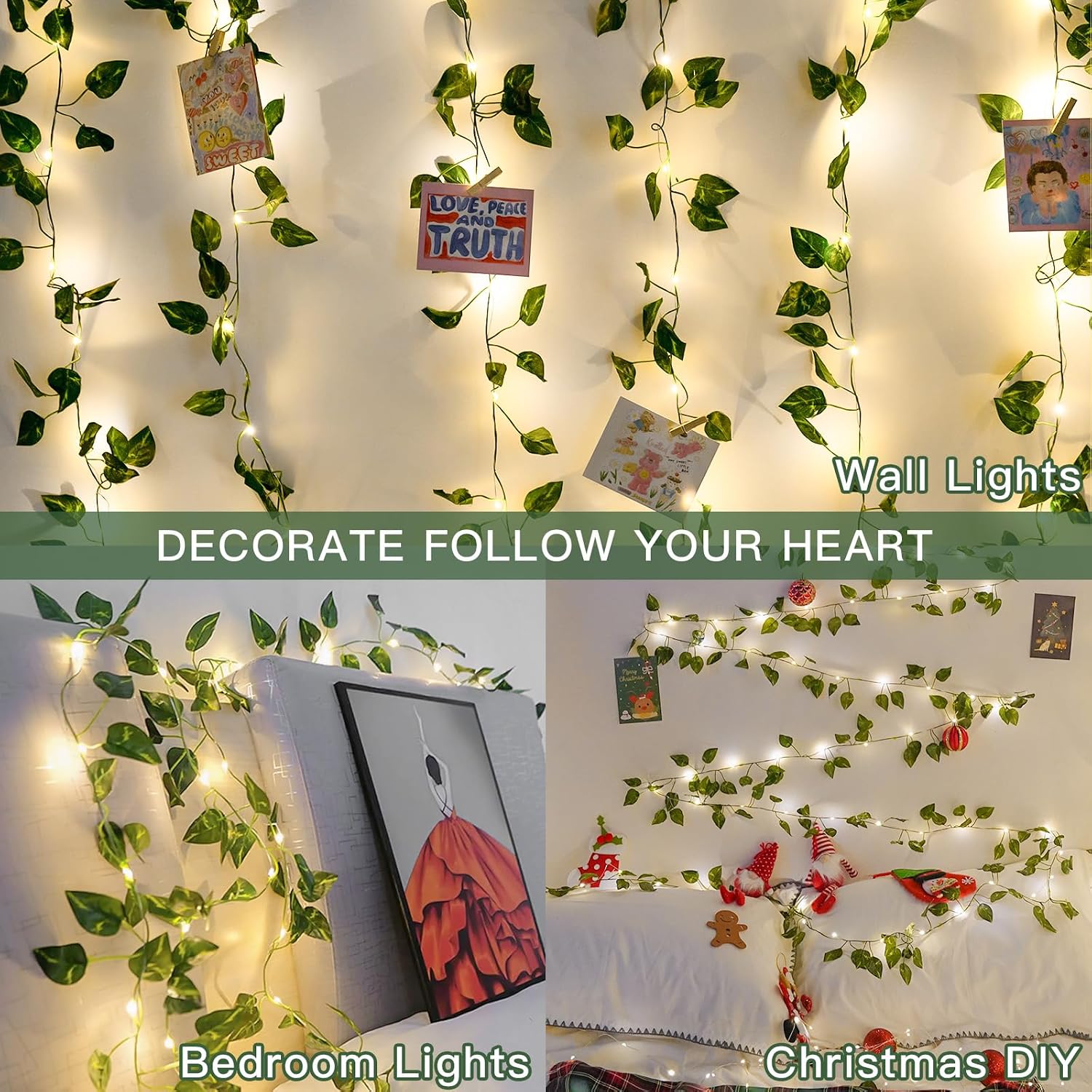 Suddus Battery-Operated Pothos Vine String Lights - 100 Warm White LEDs w/ Remote for Decor