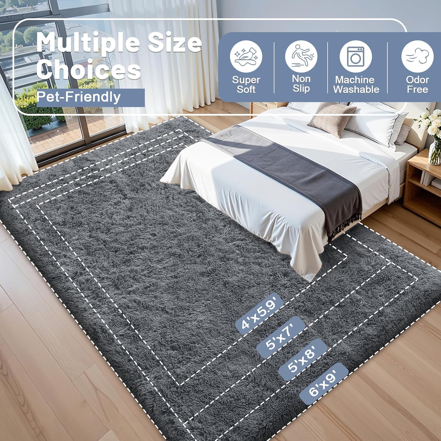 OLANLY Machine Washable 4x5.9 ft Grey Shaggy Rug - Soft Bedroom Living Room