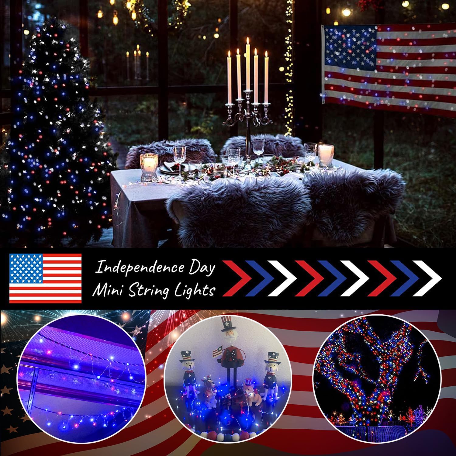 4th of July Patriotic Decorations - Red White Blue Battery String Lights (2 Pack, 33ft) by YAOZHOU