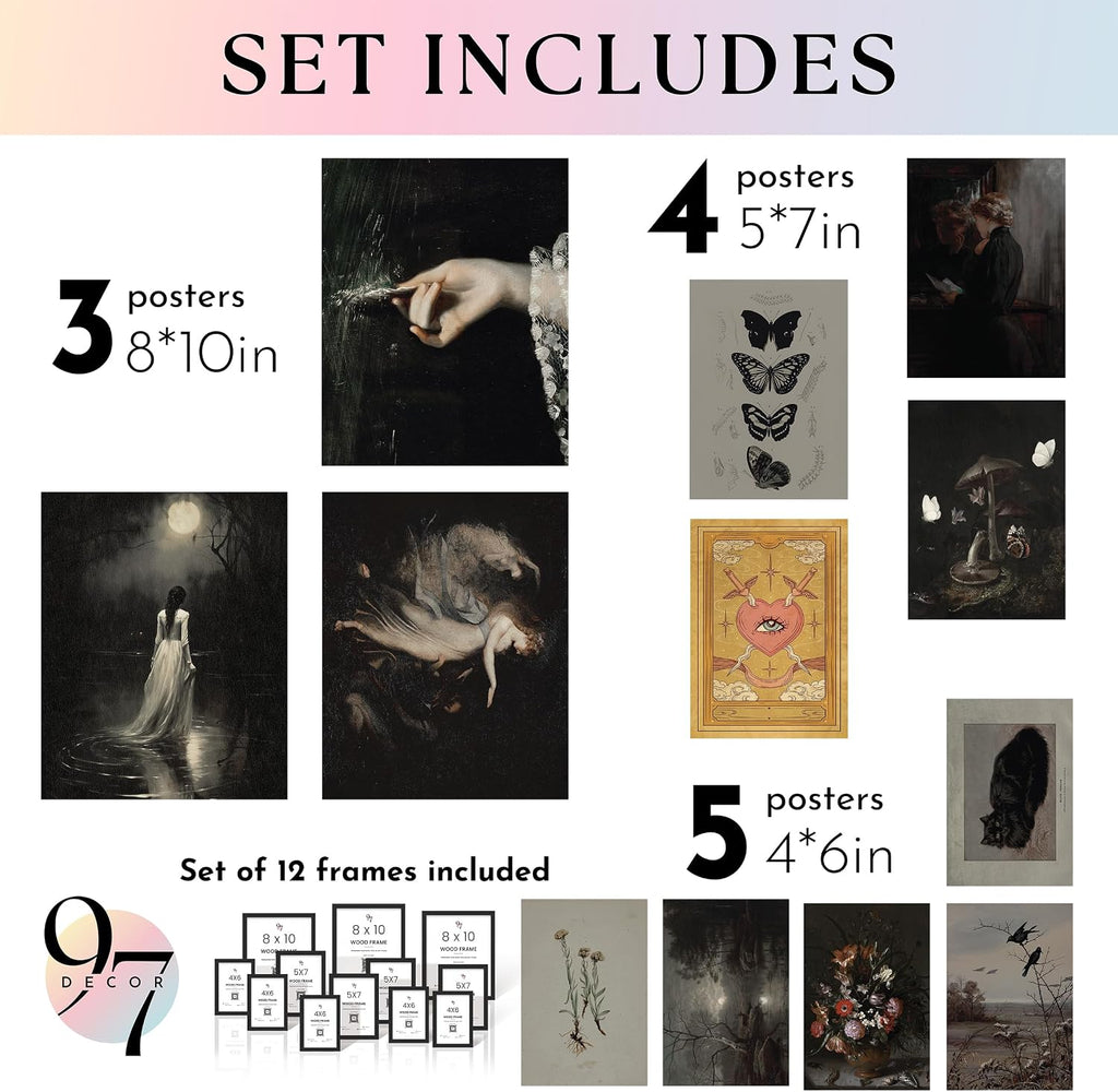 97 Decor Dark Academia Wall Art Set - Victorian Gothic Prints for Home Decor (12 Unframed Posters)