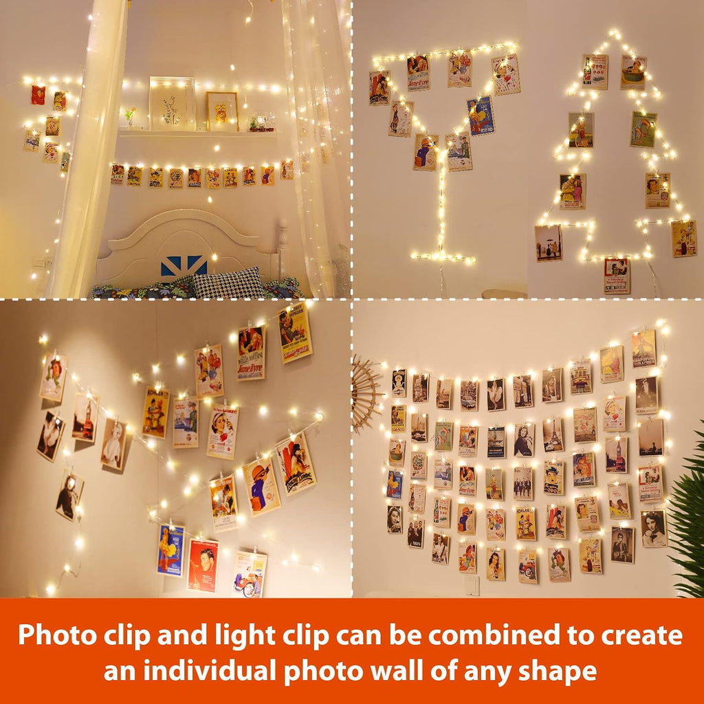HXWEIYE 120LED Warm White 40Ft Fairy String Light w/52 Clips & Hooks - USB Powered, Waterproof, 8 Modes