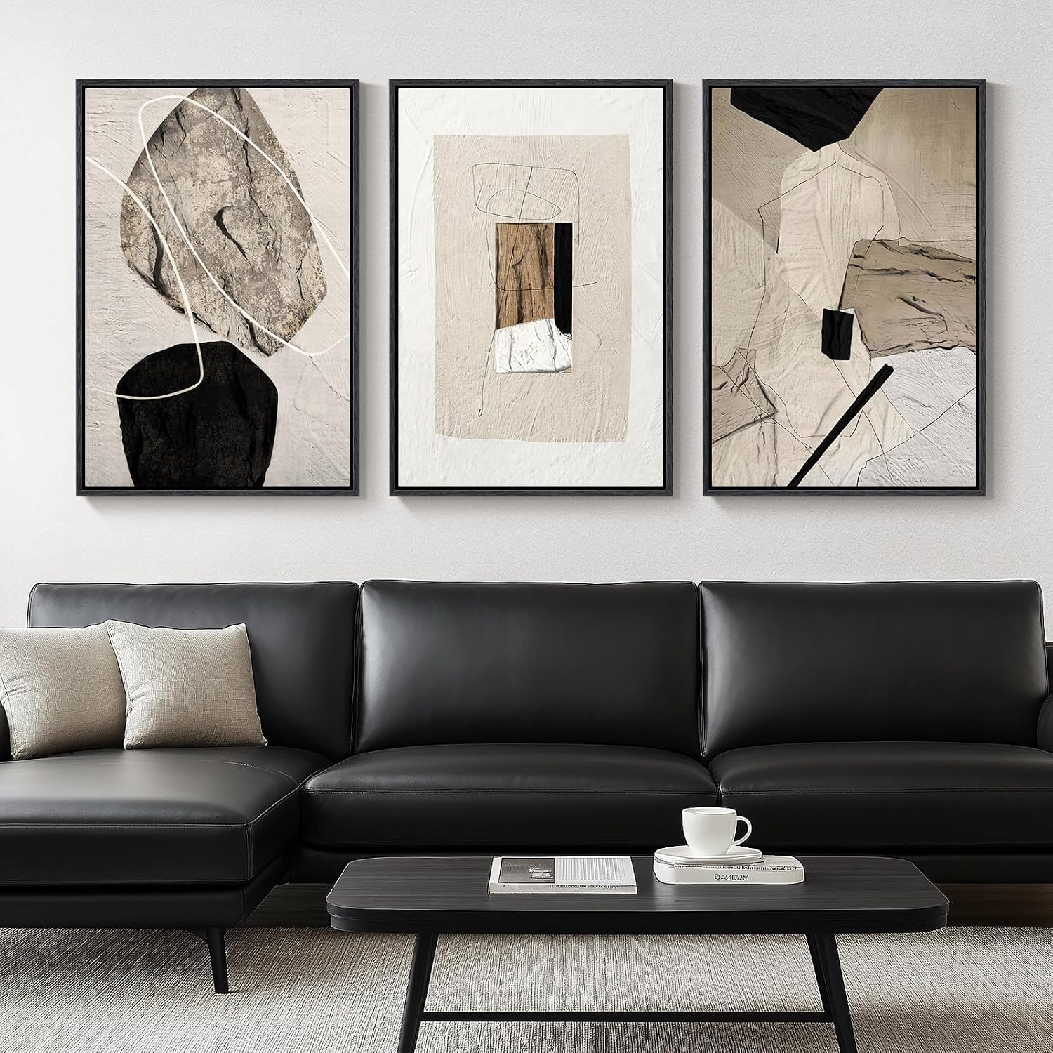 Large Framed Neutral Abstract Wall Art Set for Living Room - 3 Piece Canvas Prints (24x36 Inch)