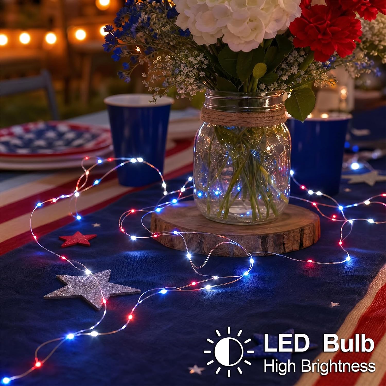 4th of July Patriotic Decorations - Red White Blue Battery String Lights (2 Pack, 33ft) by YAOZHOU