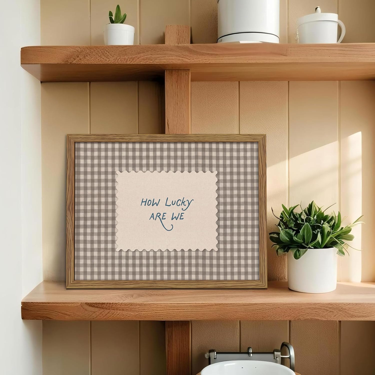 How Lucky Are We Framed Canvas Wall Art - Vintage Gingham Preppy Decor for Bedroom/Dorm