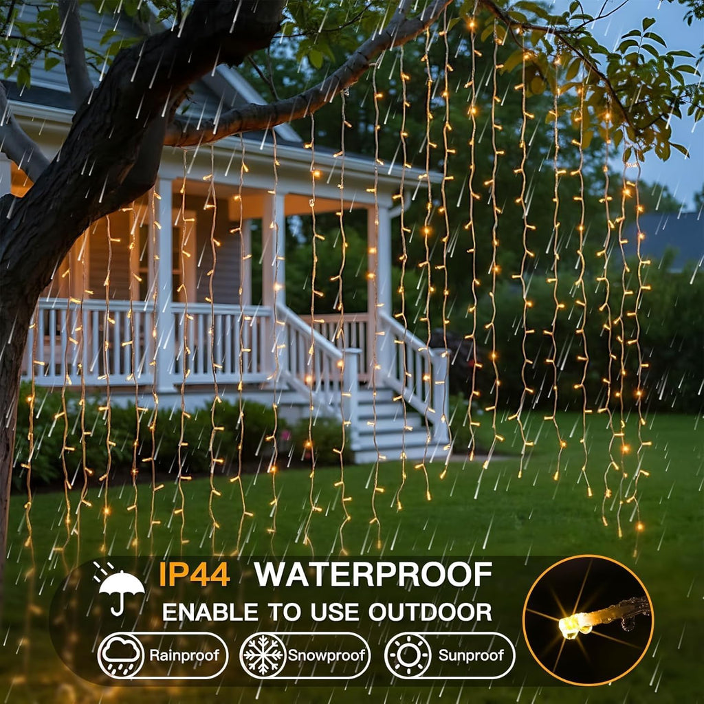 Suddus 200 LED Warm White Indoor/Outdoor Curtain Lights - Fairy String Lights for Bedroom, Christmas Decor