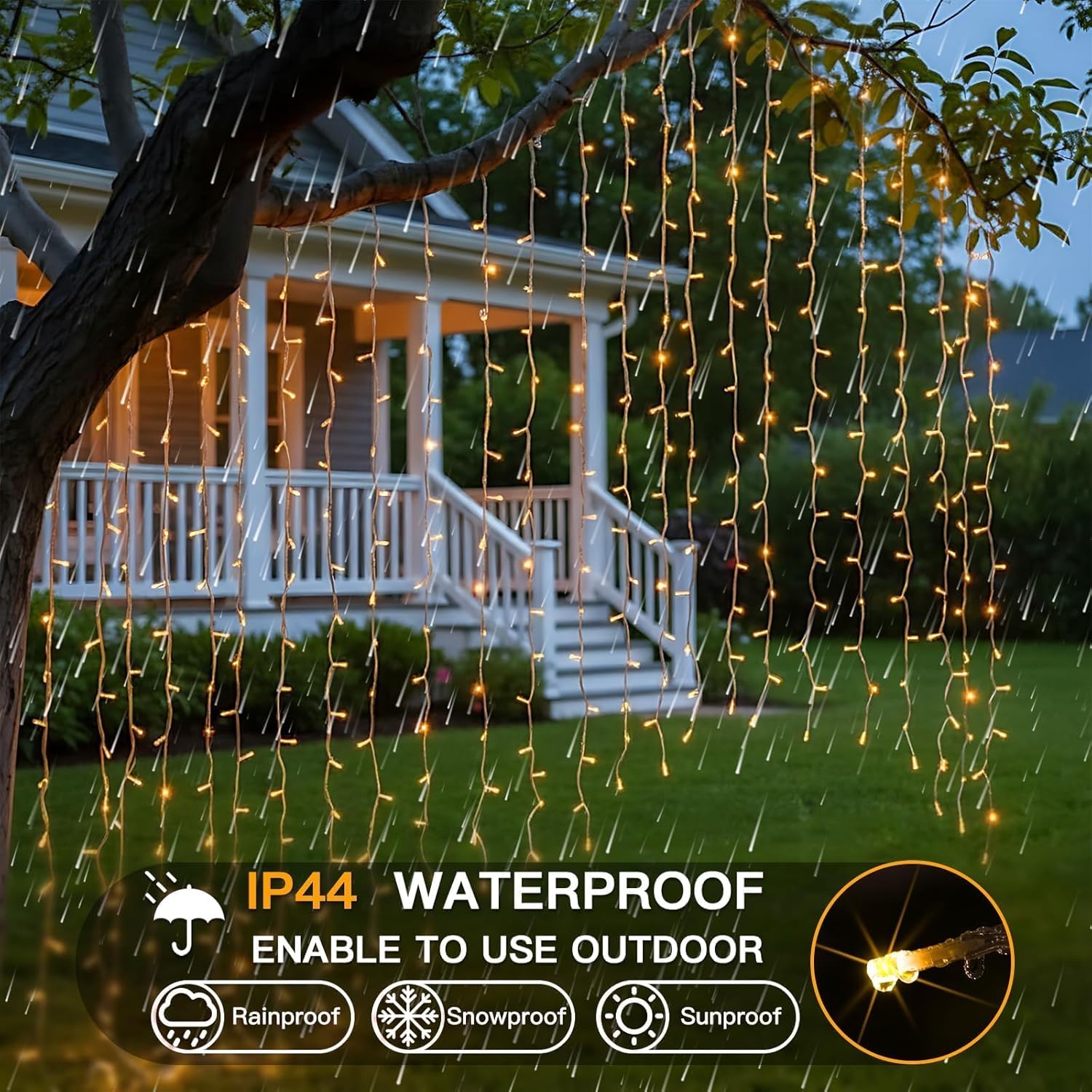 Suddus 200 LED Warm White Indoor/Outdoor Curtain Lights - Fairy String Lights for Bedroom, Christmas Decor