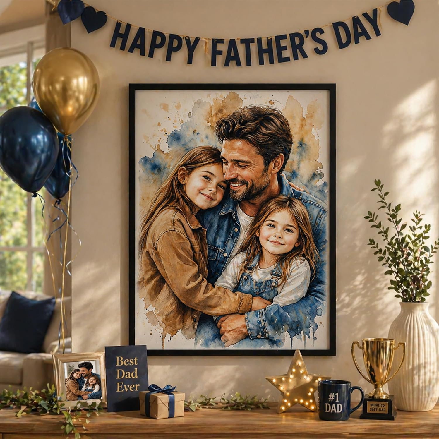 Noni Personalized Family Portrait Canvas Wall Art - Custom Watercolor Photo Gift for Dad, Grandpa