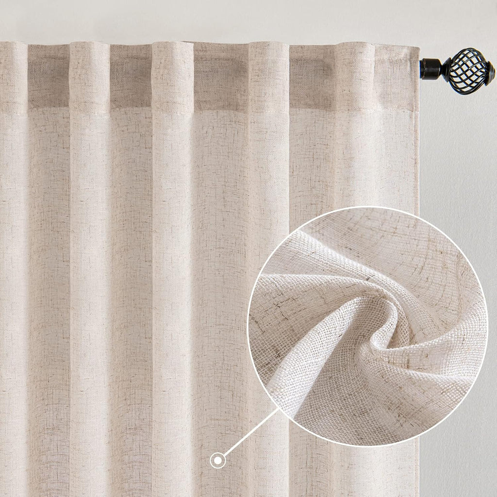 MIULEE Natural White Linen Curtains - Semi-Sheer Farmhouse Drapes (2 Panels)
