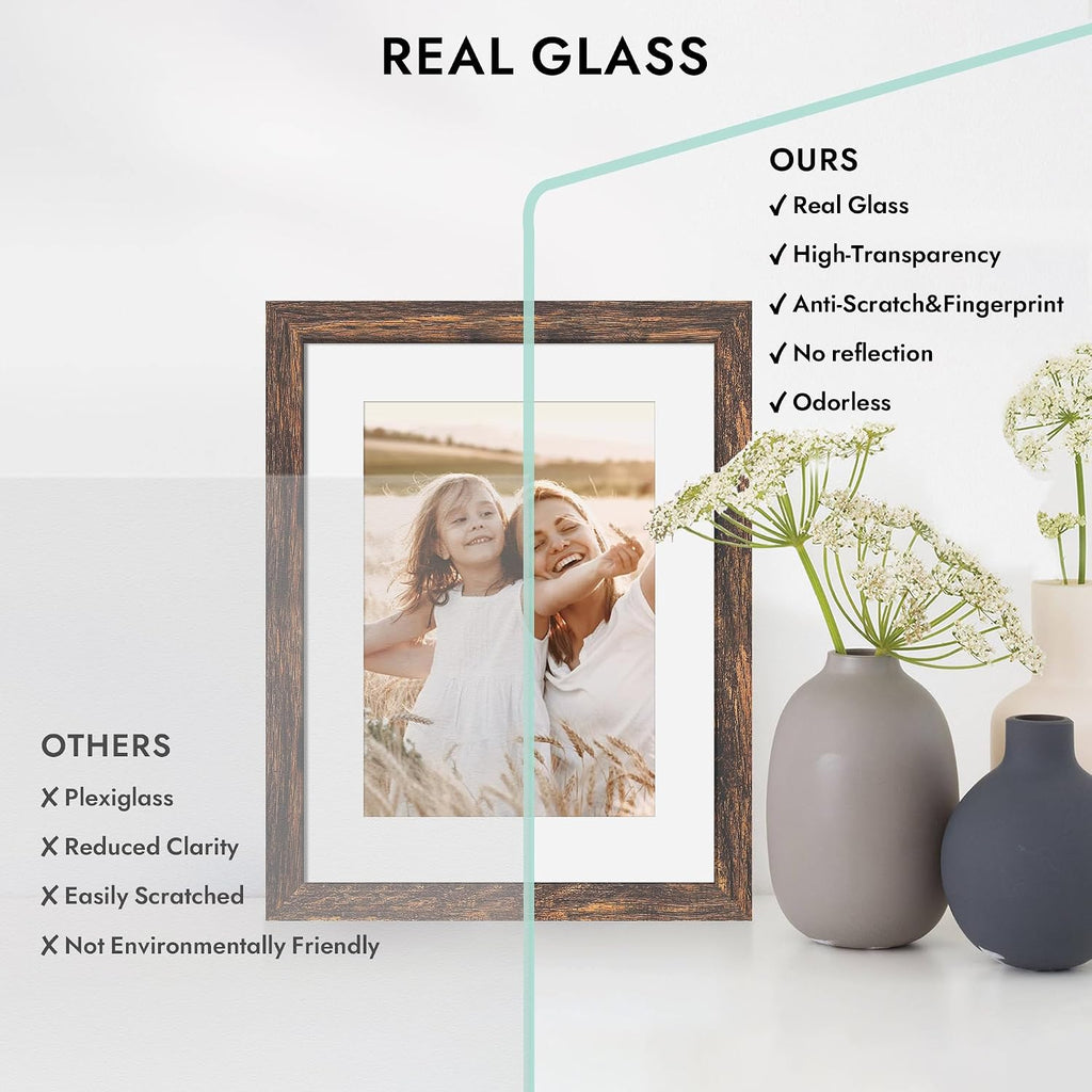 Hongkee 8x10 Wooden Picture Frame - Real Glass Rustic Brown, Wall/Tabletop Display