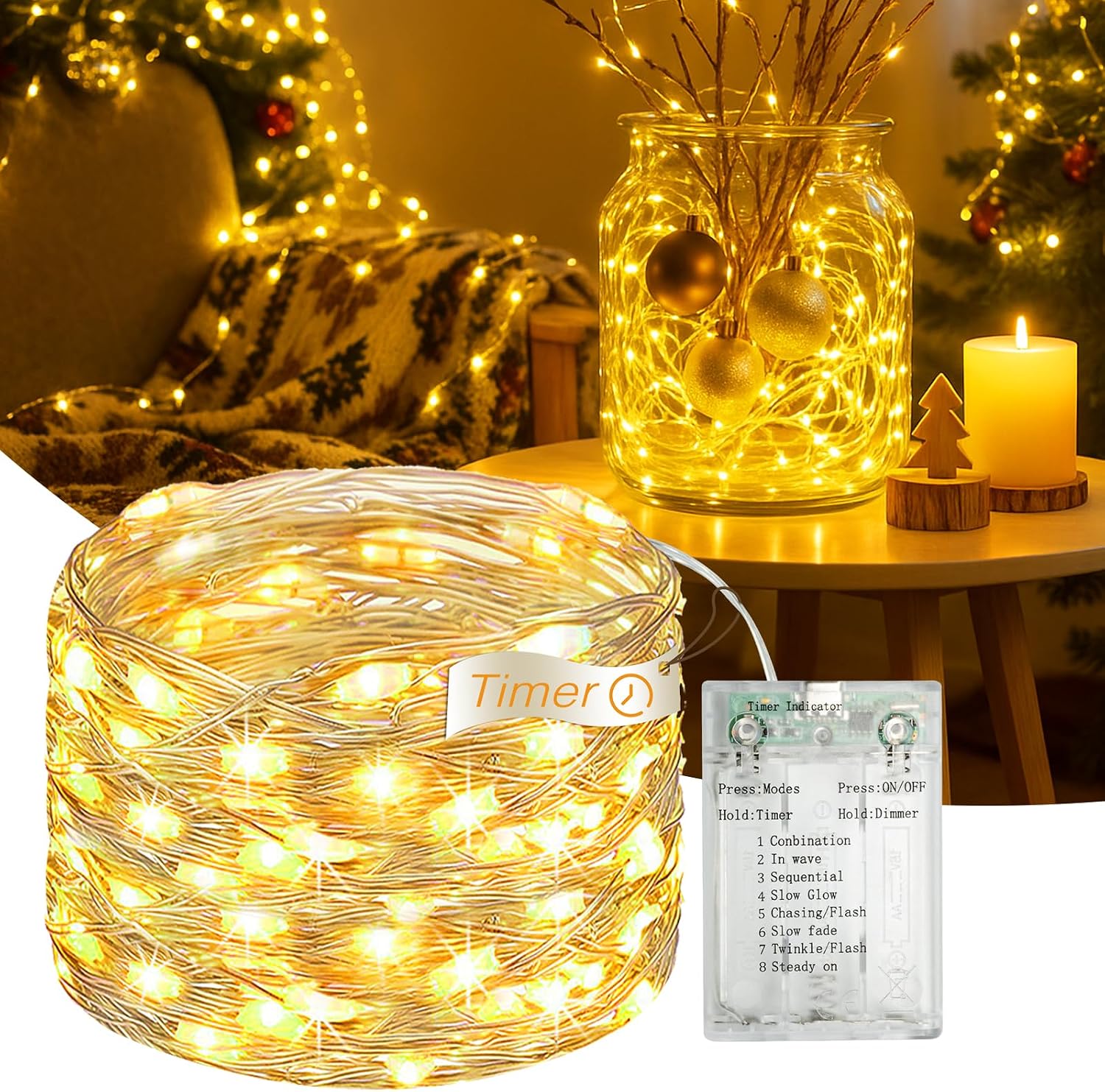 Fairdeer 16ft 50 LED Battery Fairy Lights with Timer - Warm White String Lights for Home Decor