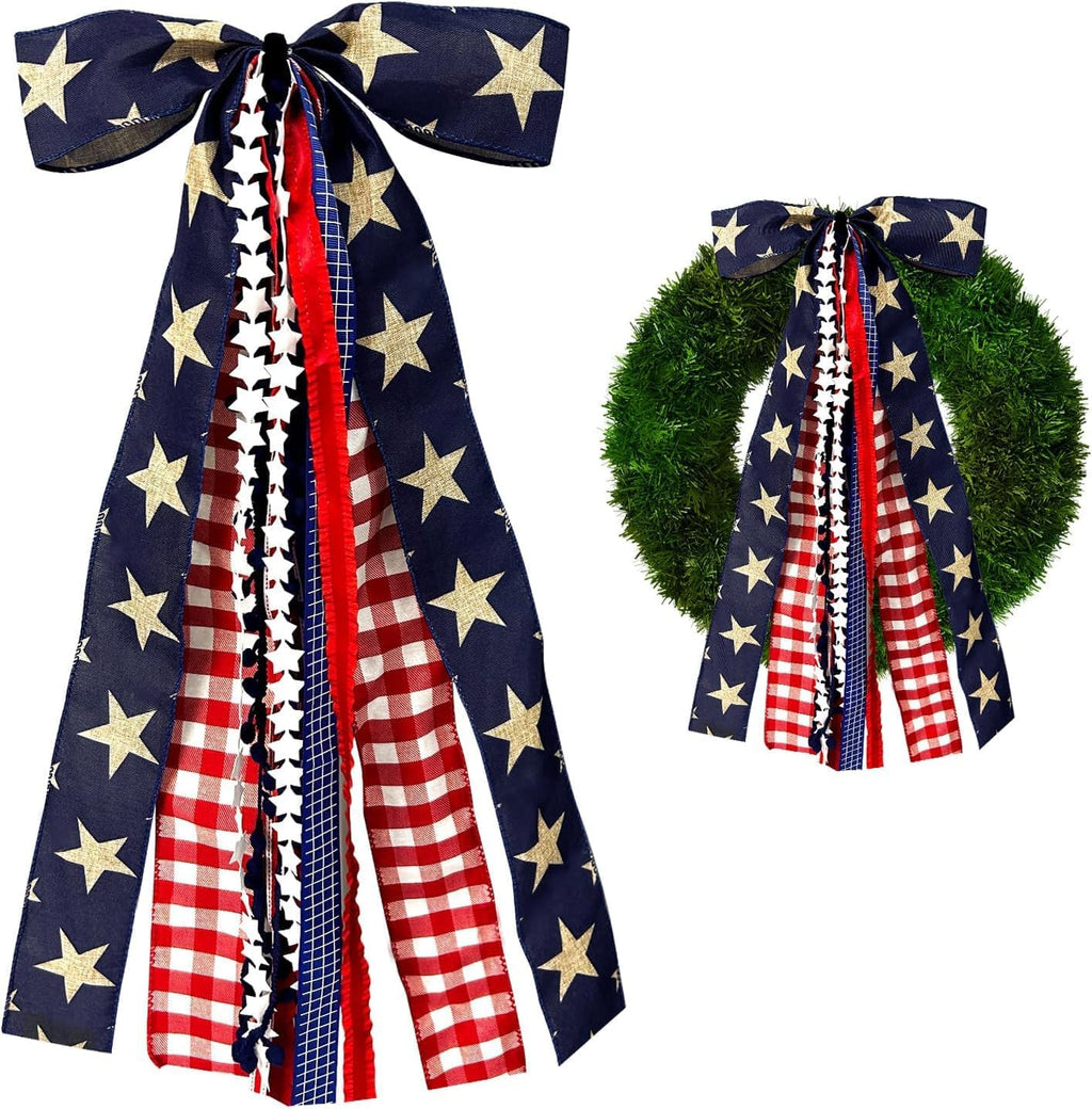 AZYM Large Patriotic Ribbon Bow - 4th of July Red White Blue Burlap Bow with Clip-On for Front Door Decor