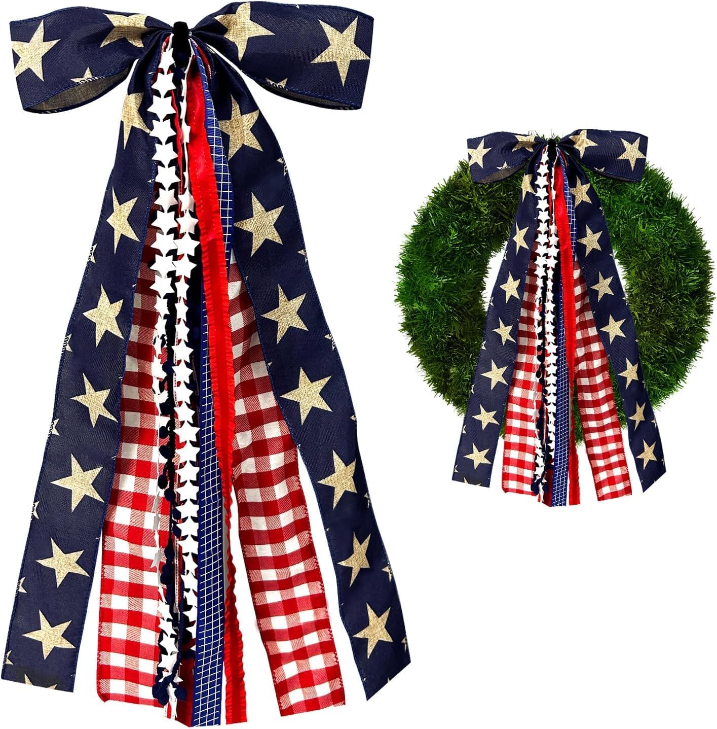 AZYM Large Patriotic Ribbon Bow - 4th of July Red White Blue Burlap Bow with Clip-On for Front Door Decor