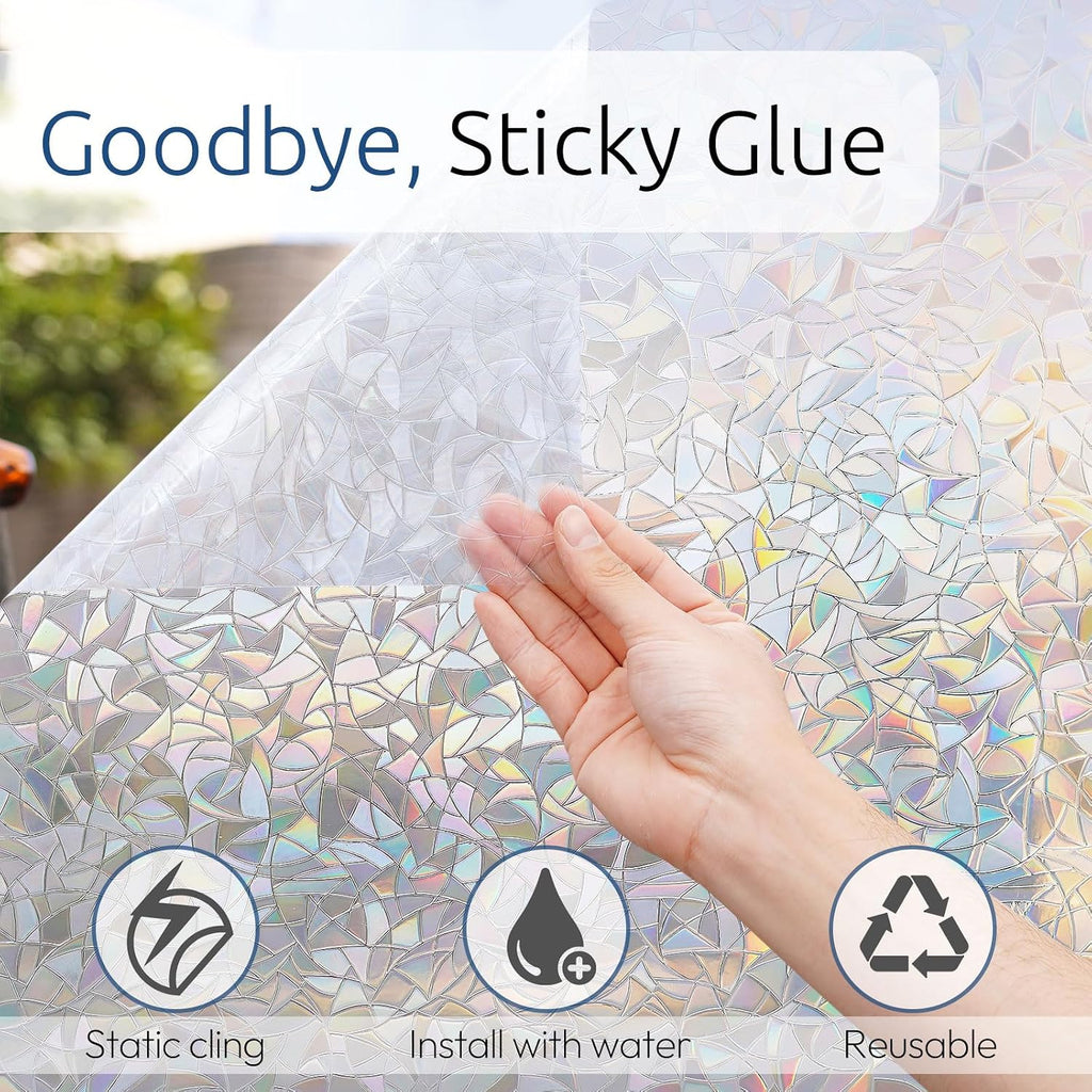 rabbitgoo Rainbow Window Film - Decorative Stained Glass Cling for Privacy & UV Protection