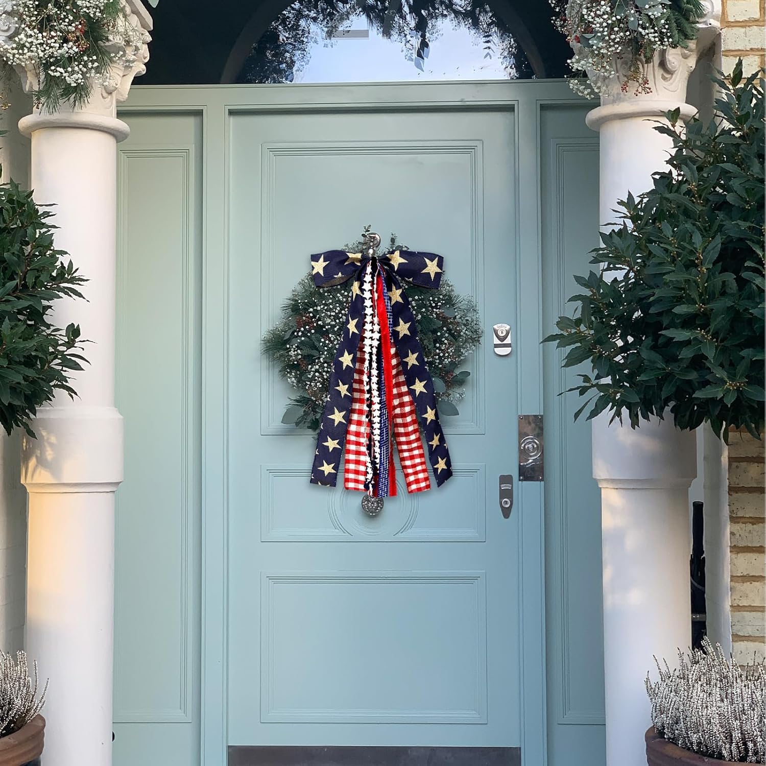 AZYM Large Patriotic Ribbon Bow - 4th of July Red White Blue Burlap Bow with Clip-On for Front Door Decor