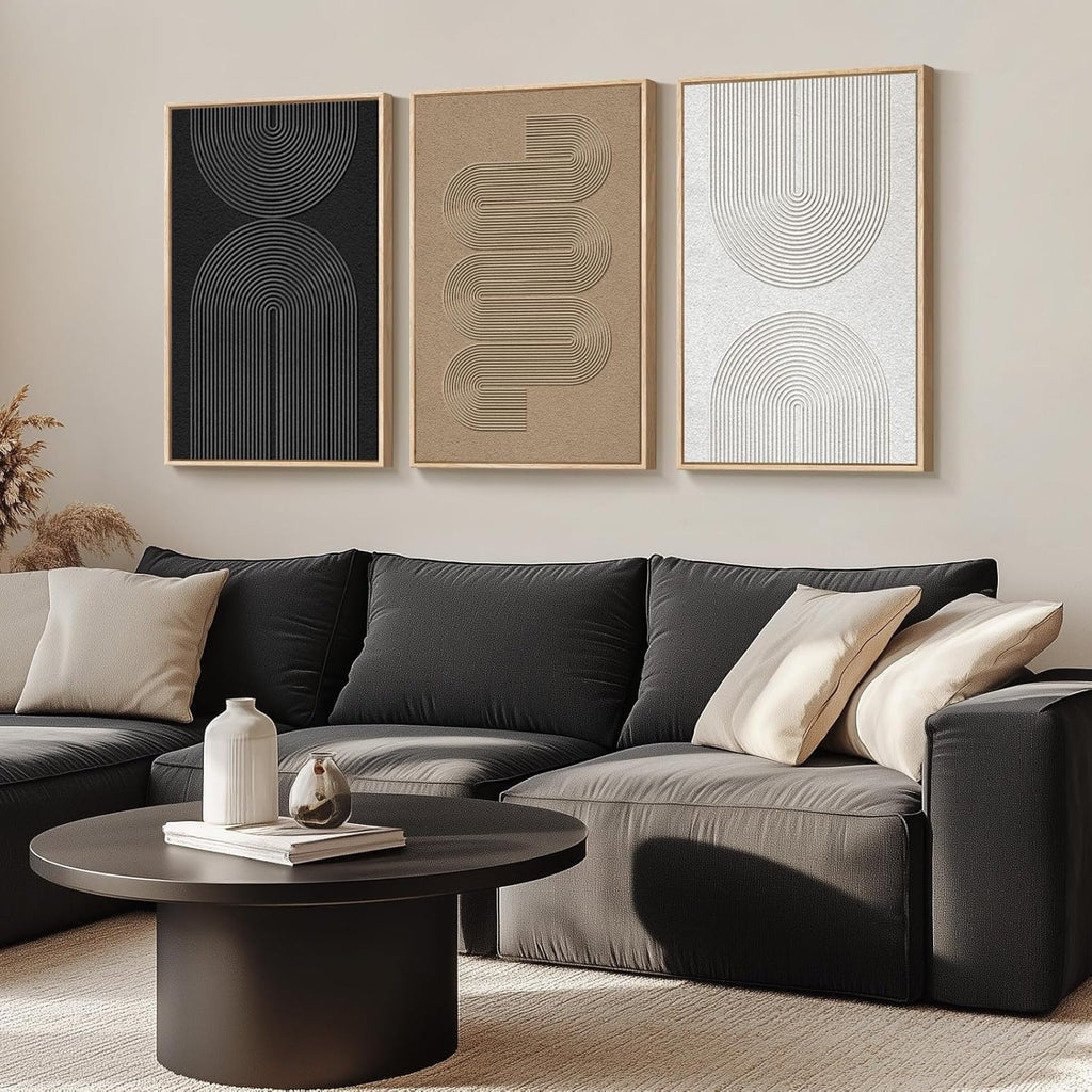 Cuspin 3-Piece Framed Black & White Geometric Abstract Wall Art Set for Living Room - Ready to Hang
