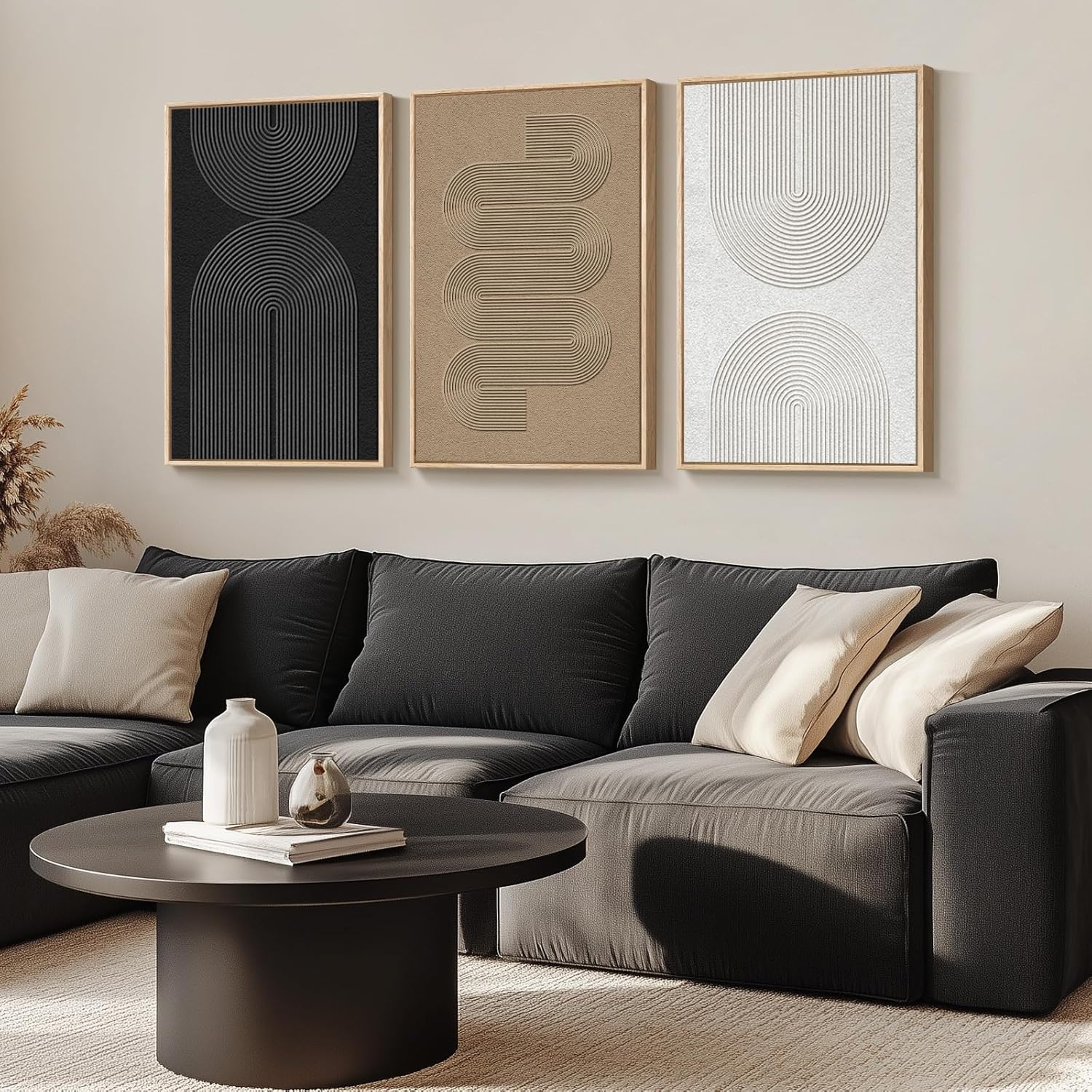 Cuspin 3-Piece Framed Black & White Geometric Abstract Wall Art Set for Living Room - Ready to Hang