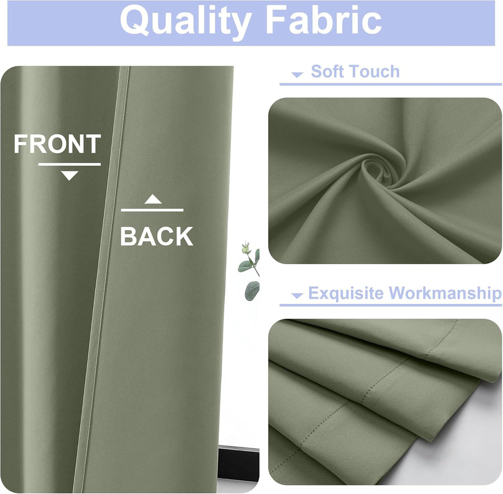 Simplebrand Sage Green Blackout Curtains - Bedroom Thermal Insulated Drapes, 63" Length, 2 Panels