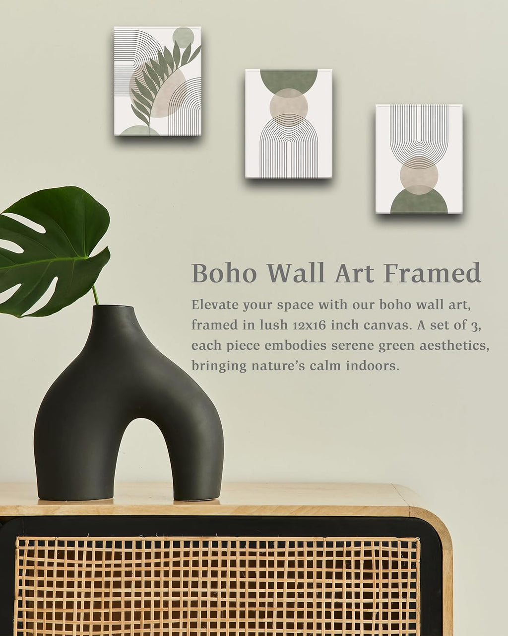 HesenDot Sage Green Boho Framed Canvas Wall Art - 3 Pack for Bedroom/Bathroom/Office