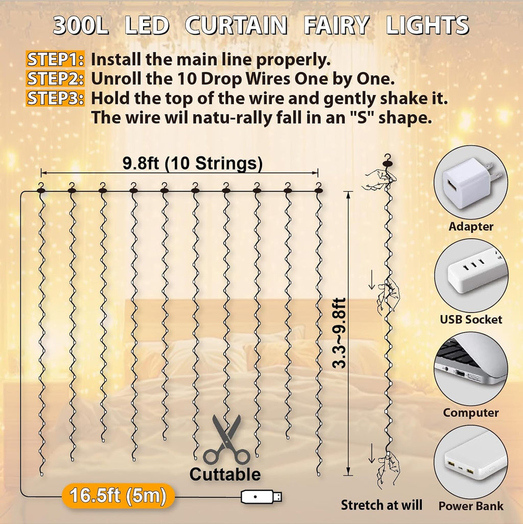 HXWEIYE 300 LED USB Fairy Curtain Lights - 9.8x9.8ft 8 Modes Remote for Bedroom Wedding Decor