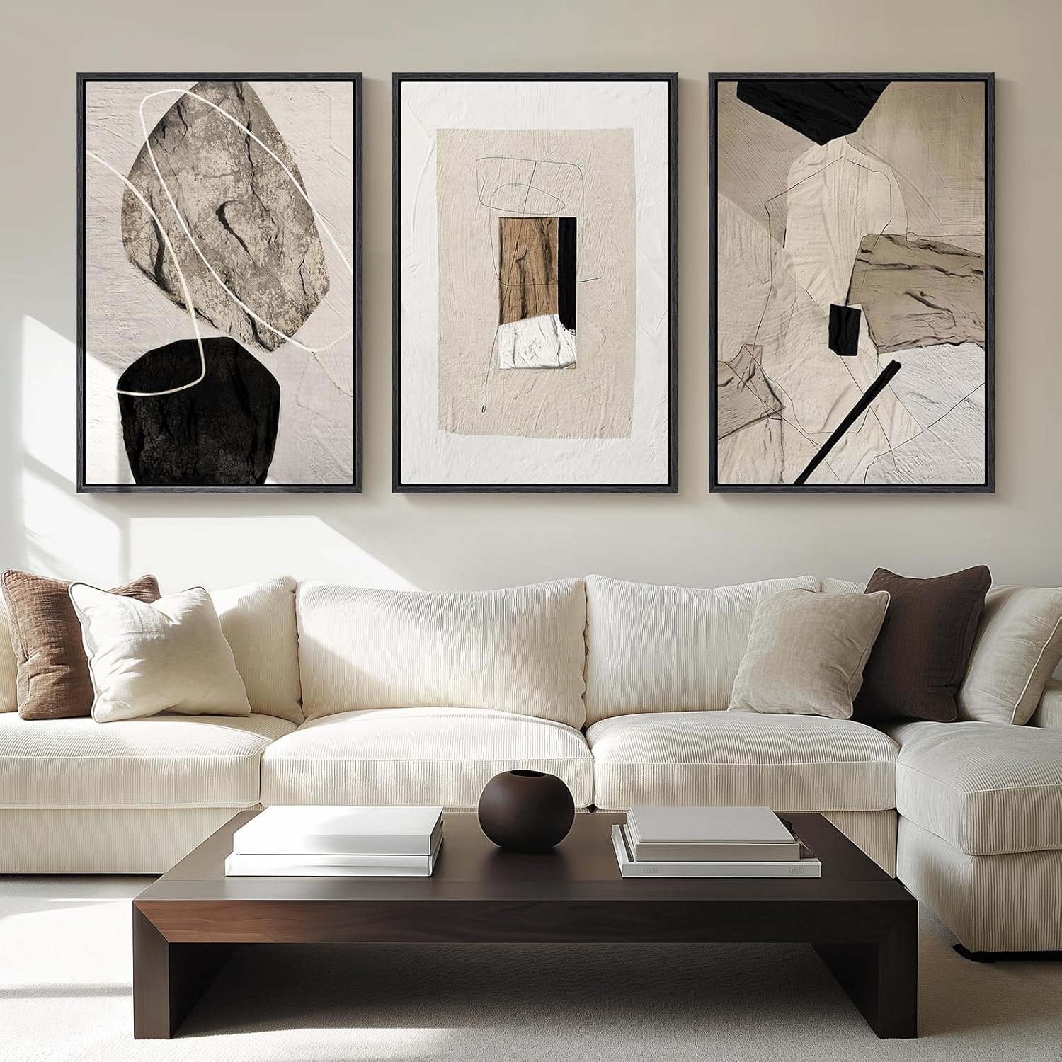 Large Framed Neutral Abstract Wall Art Set for Living Room - 3 Piece Canvas Prints (24x36 Inch)