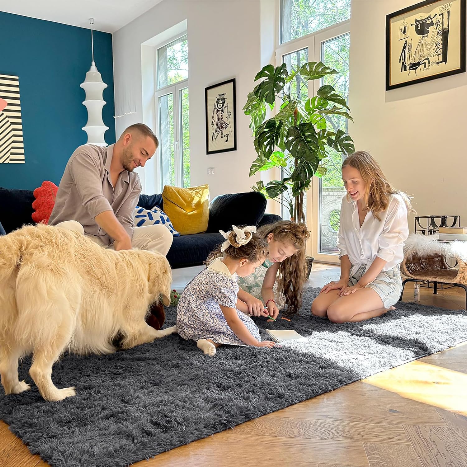 OLANLY Machine Washable 4x5.9 ft Grey Shaggy Rug - Soft Bedroom Living Room