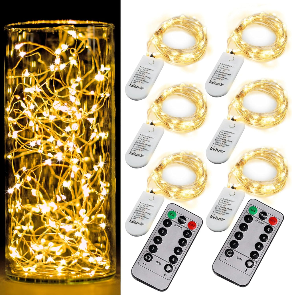 OakHaomie 6-Pack Battery Fairy Lights w/Remote Timer - Waterproof Warm White Twinkle String Lights