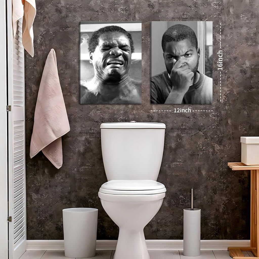 Funny Bathroom Wall Art Set of 2 - Black & White Comedy Movie Posters (12x16in) by ZNHART