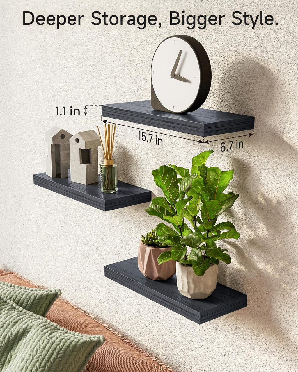 BAYKA Rustic Floating Shelves for Bathroom & Bedroom - 3-Pack Black, 22lb Capacity