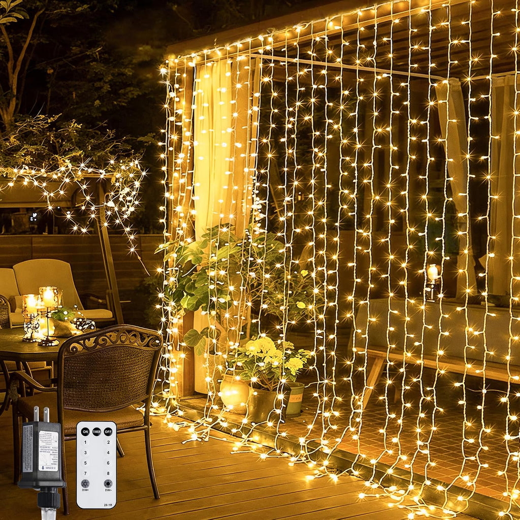 JMEXSUSS 300 LED Remote Control Indoor Outdoor Curtain Lights - Warm White