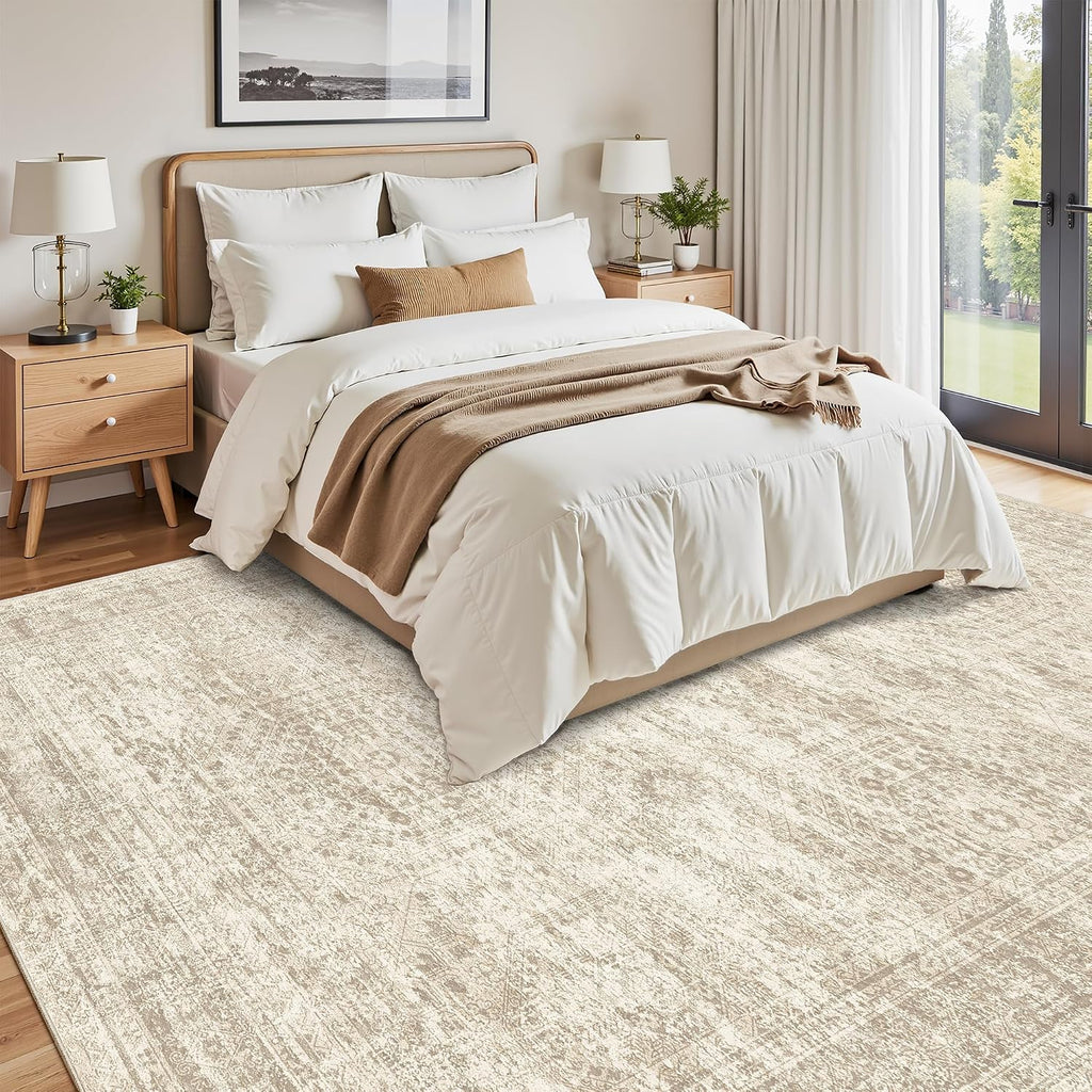Soalmost Vintage Beige Geometric 8x10 Washable Area Rug for Living Room