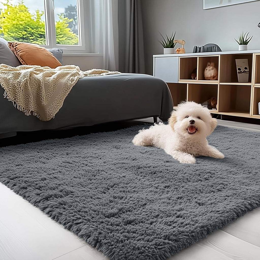 OLANLY Machine Washable 4x5.9 ft Grey Shaggy Rug - Soft Bedroom Living Room