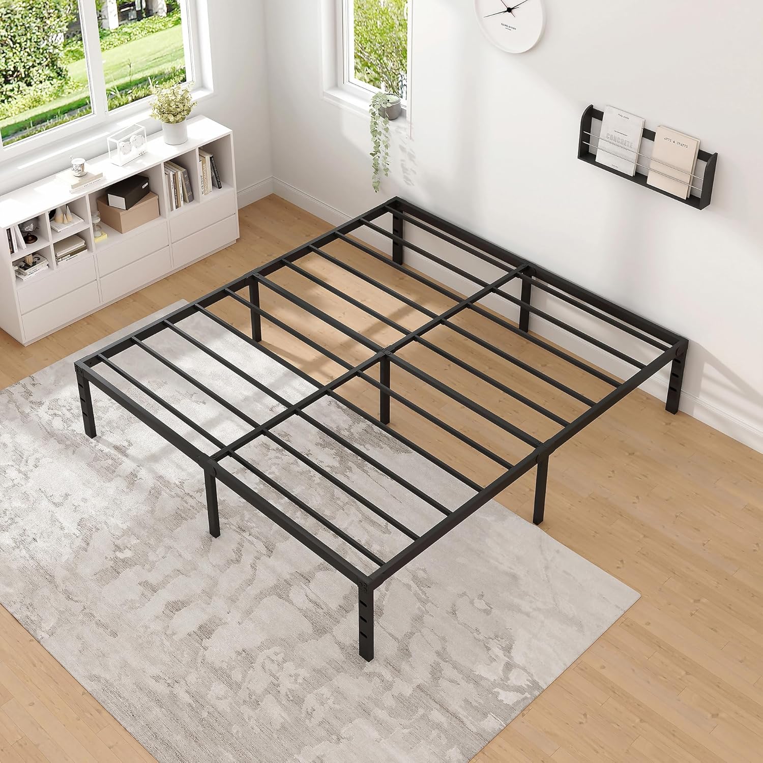 NEW JETO Queen Size Metal Bed Frame w/Storage - Heavy Duty Sturdy Mattress Foundation (No Box Spring)