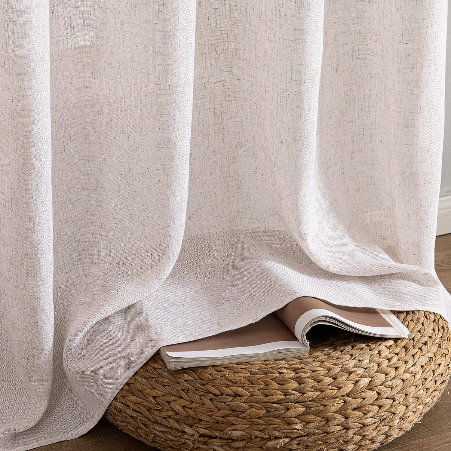 MIULEE Natural White Linen Curtains - Semi-Sheer Farmhouse Drapes (2 Panels)