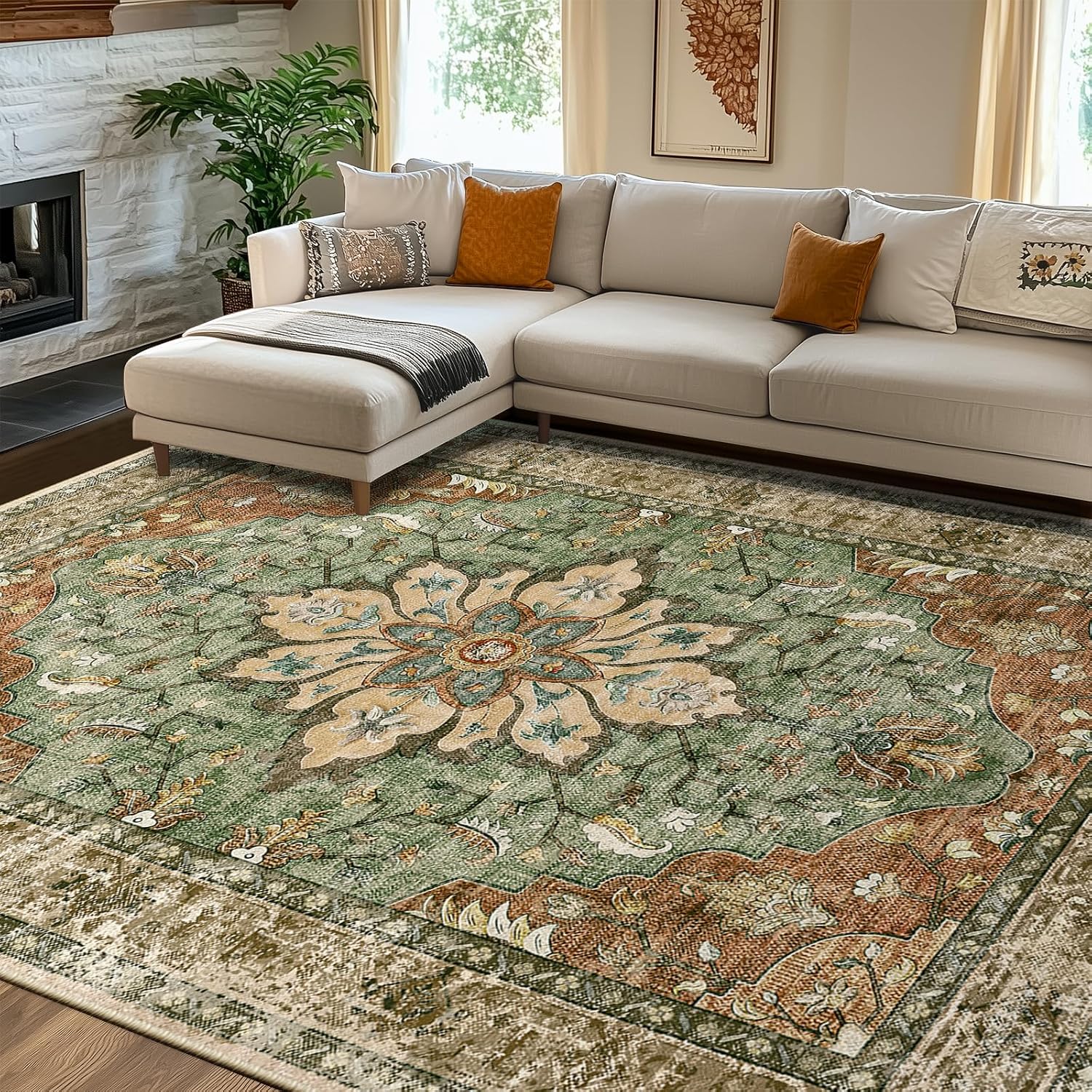 RELEANY 8'x10' Washable Non-Slip Floral Vintage Area Rug for Living Room