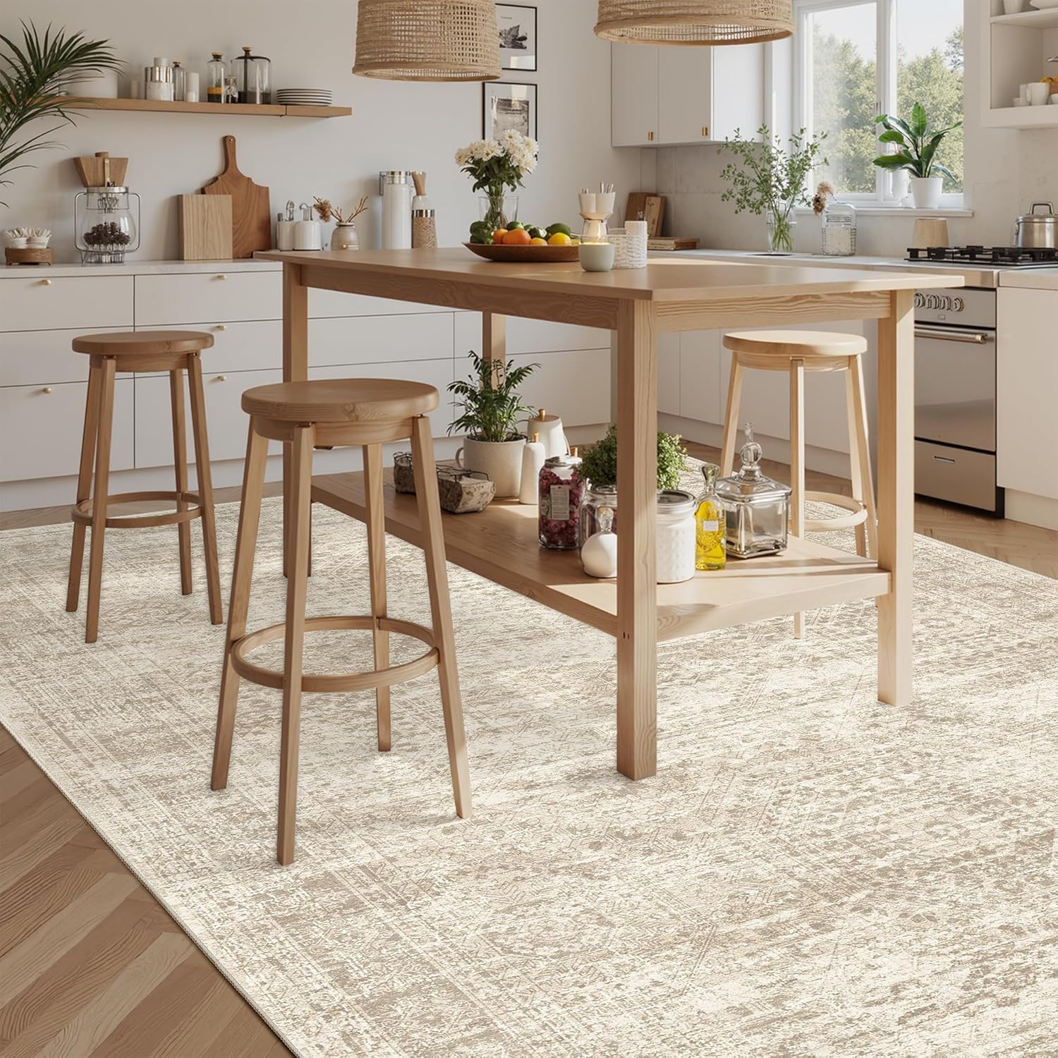 Soalmost Vintage Beige Geometric 8x10 Washable Area Rug for Living Room
